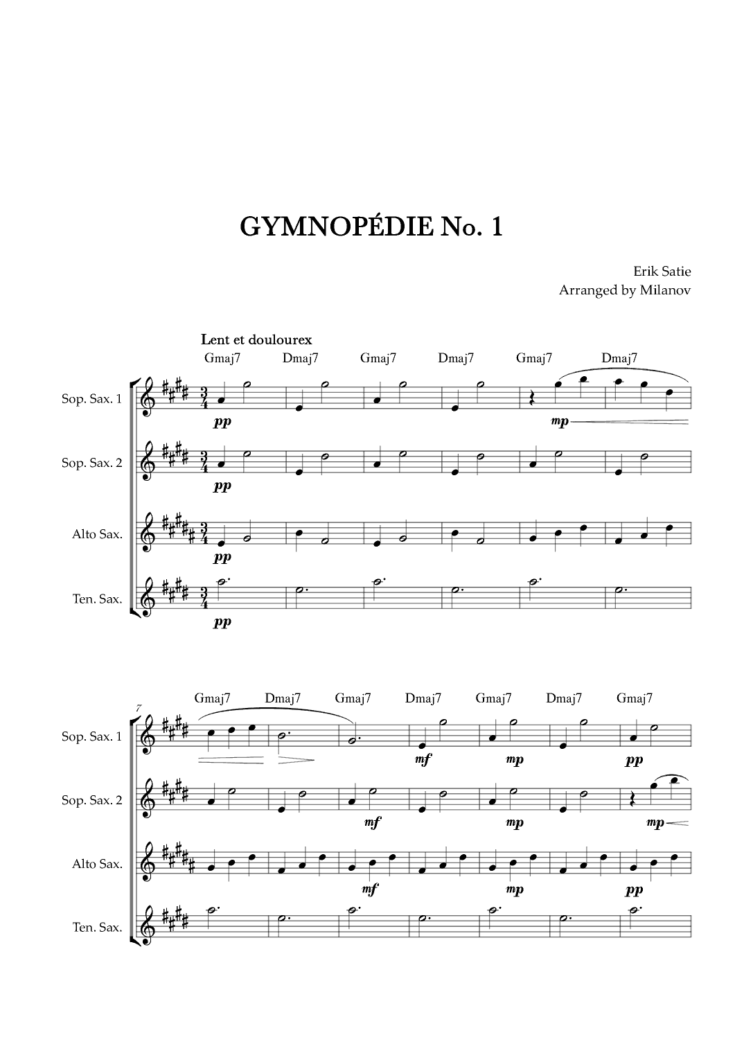 Gymnopédie no 1 | Saxophone Quartet | Original Key | Chords | Easy intermediate (arr. Milanov)