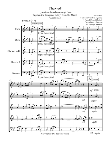 Thaxted (hymn tune based on excerpt from "Jupiter" from The Planets) (Bb) (Woodwind Quintet - 1 Flut (arr. Regis Bookshar)