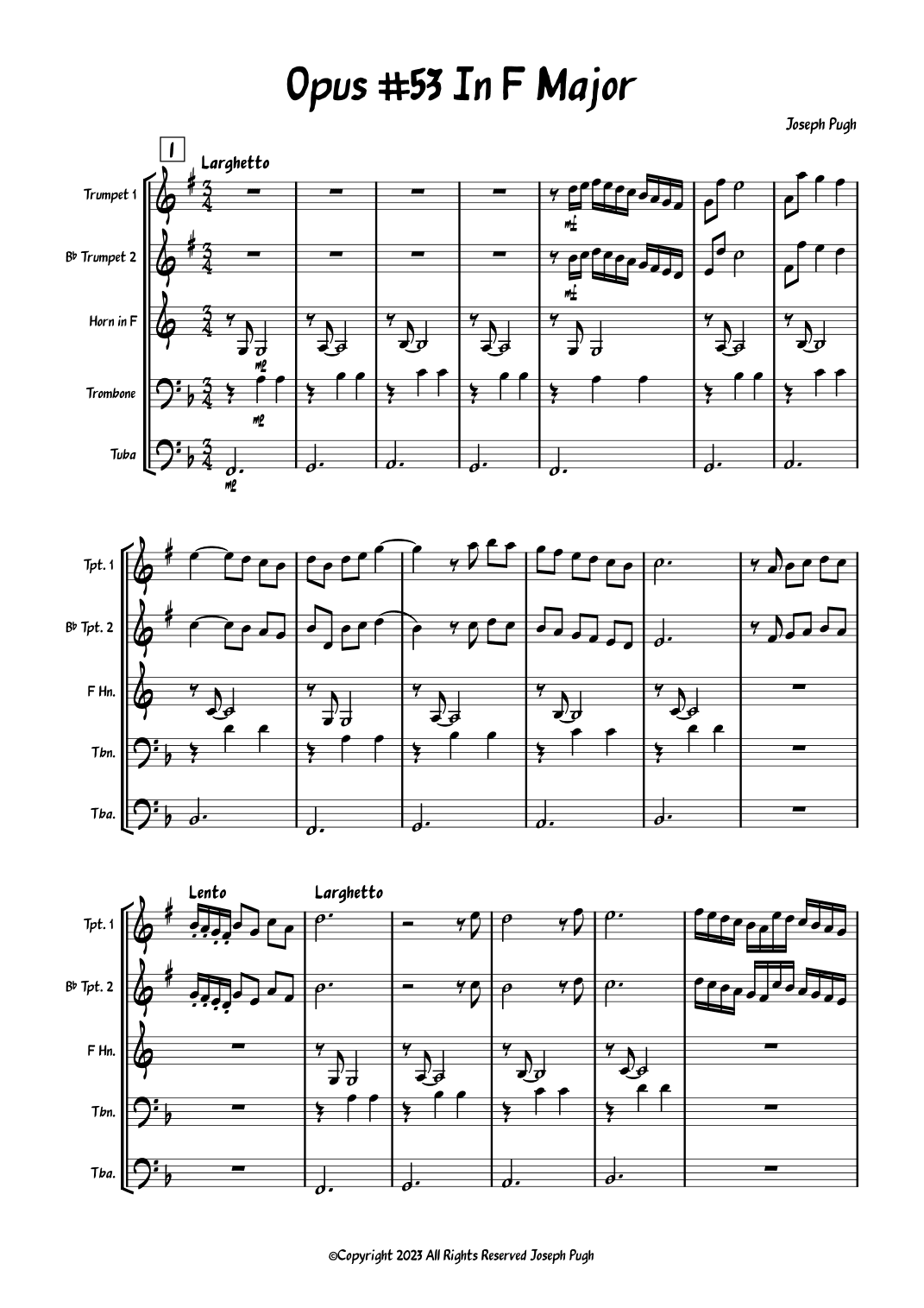 Opus #53 In F Major (for Brass Quintet)