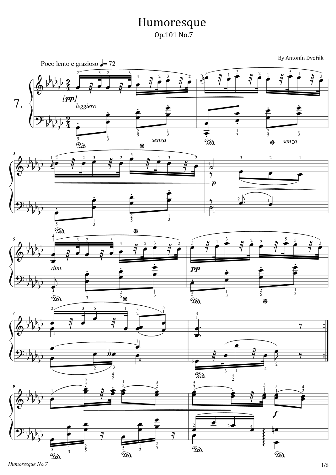 Dvorák - Humoresque Op.101 No.7 - For Piano Solo - Original With Fingered (arr. poon)