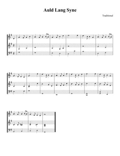 Auld Lang Syne three part harmony (2 violins, cello) 1-page score (arr. Be'eri Moalem)