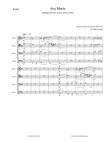 Ave Maria, by de Victoria, arranged for 8 cellos (two choirs of four cellos) (arr. Yellow Cello Music)