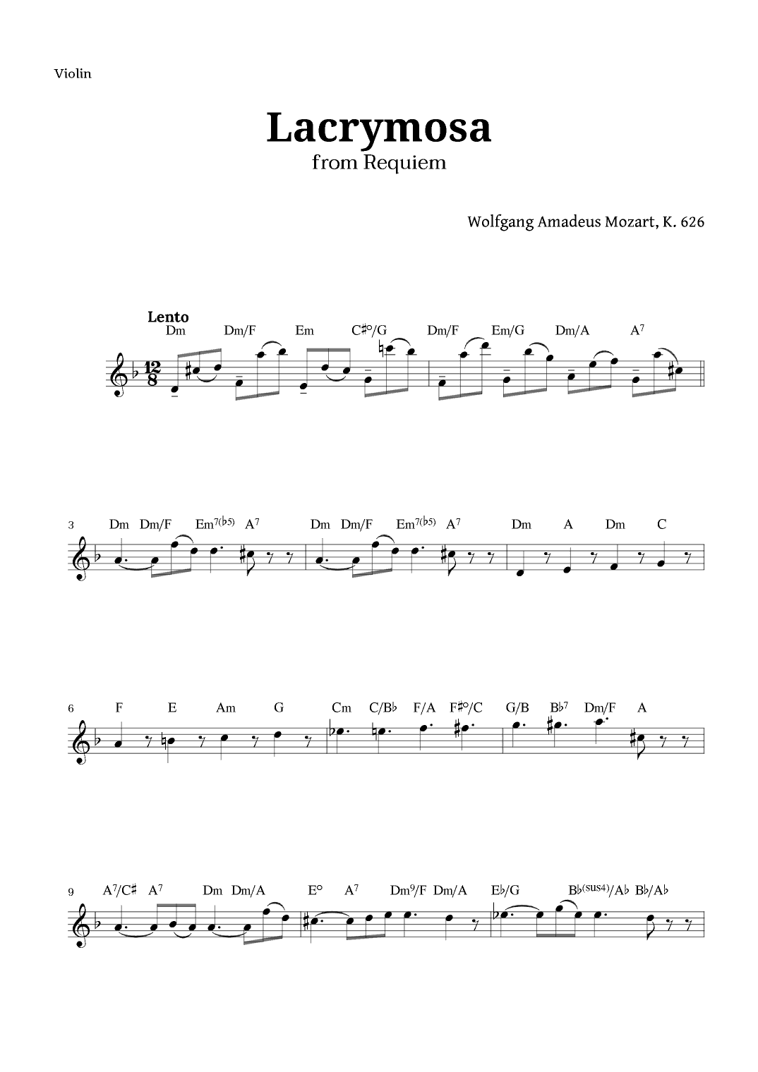 Lacrymosa from Requiem by Mozart for Violin (arr. Langanho)