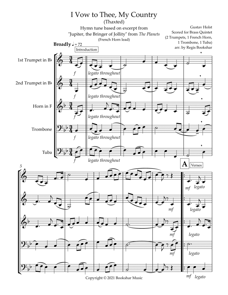 I Vow to Thee, My Country (Thaxted) (Bb) (Brass Quintet - 2 Trp, 1 Hrn, 1 Trb, 1 Tuba) (French Horn (arr. Regis Bookshar)