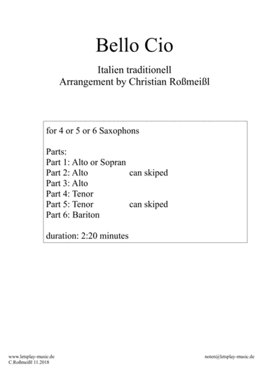 Bella Ciao for Saxophonensemble Saxophonquintet Saxophonsextet (arr. Christian Roßmeißl)