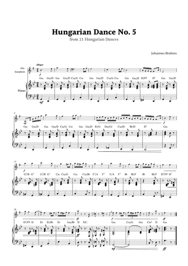 Hungarian Dance No. 5 by Brahms for Alto Saxophone and Piano with Chords (arr. Rika K.)