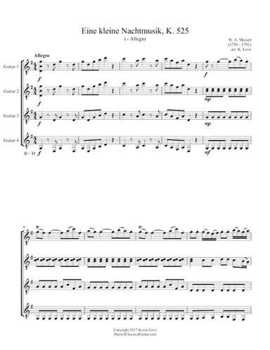 Eine kleine Nachtmusik, K. 525  - i - Allegro (Guitar Quartet) - Score and Parts (arr. K. Love)