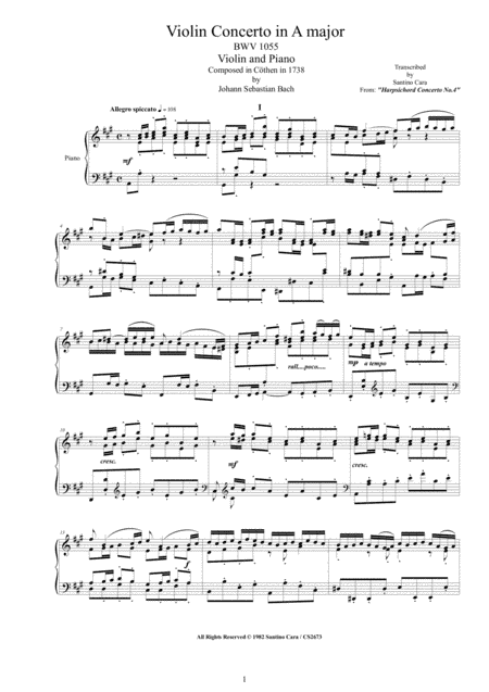 Bach - Violin Concerto in A major BWV1055 for Violin and Piano (arr. Santino Cara)