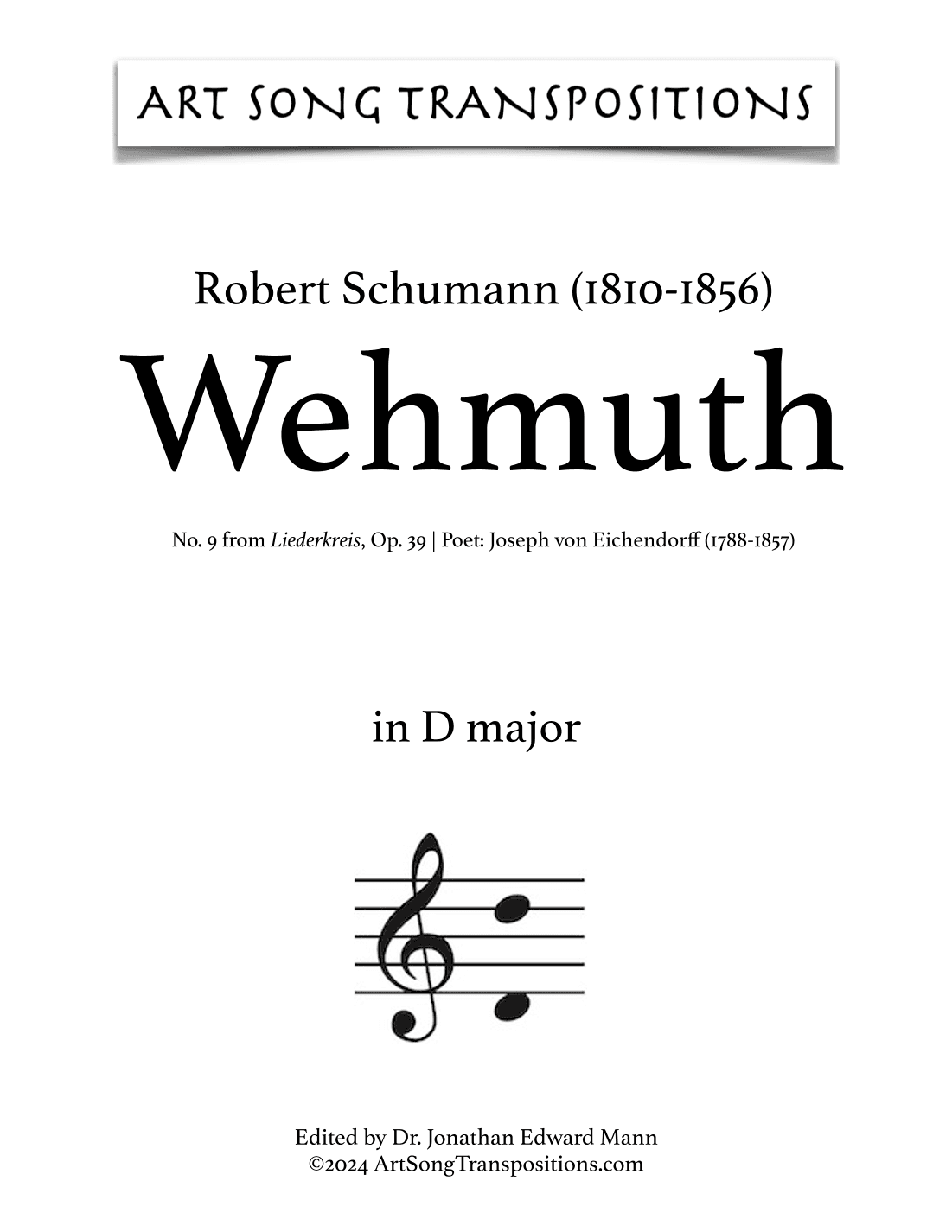 SCHUMANN: Wehmuth, Op. 39 no. 9 (transposed to D major) (arr. ArtSongTranspositions.com)