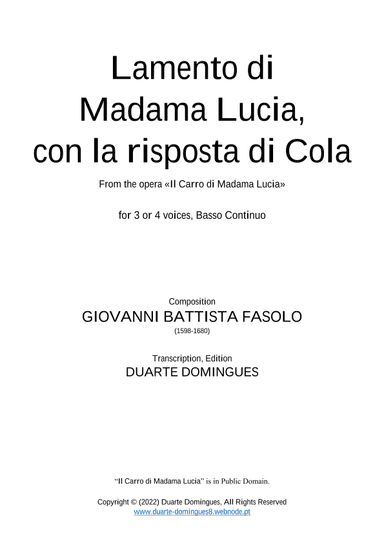 Lamento di Madama Lucia, con la risposta di Cola - Score Only (arr. Duarte Domingues)
