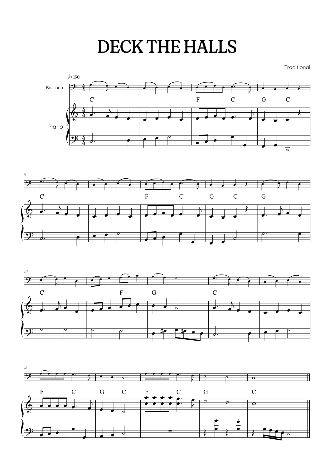 Deck the Halls for bassoon with piano accompaniment • easy Christmas song sheet music with chords (arr. Benzaiten Editions)