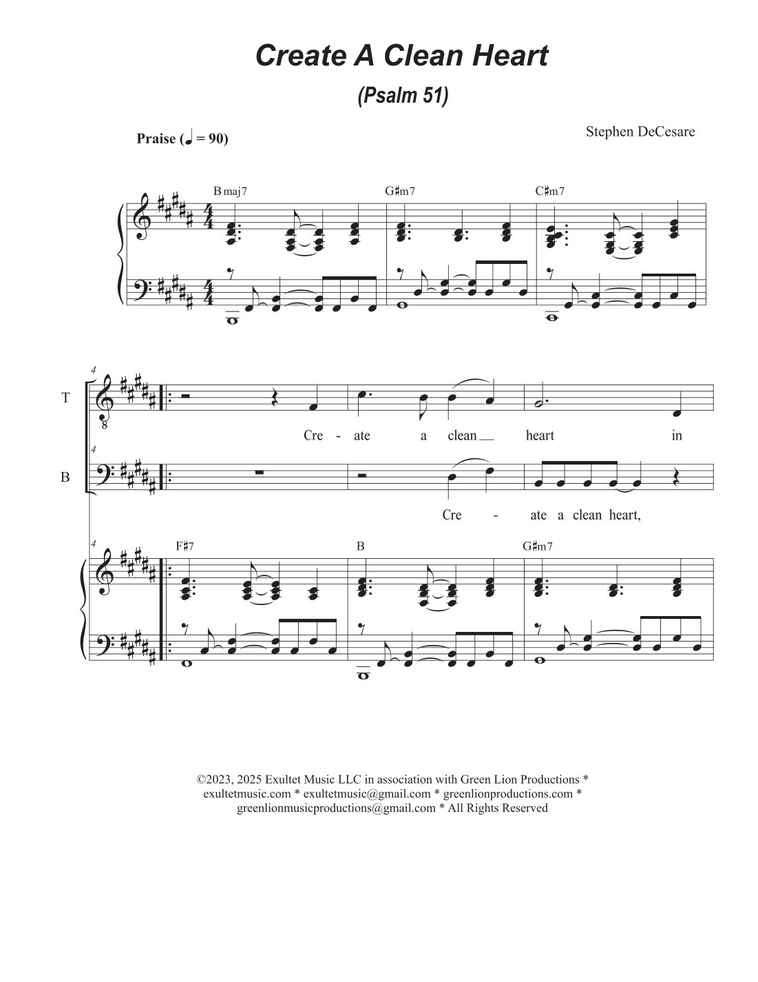 Create A Clean Heart (Psalm 51) (Duet for Tenor and Bass solo)