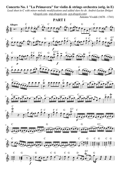 Vivaldi (Antonio) - The Spring (violin concerto from the "Four Seasons" cycle) - lead sheet in C - (arr. Andrei-Lucian Dragoi)