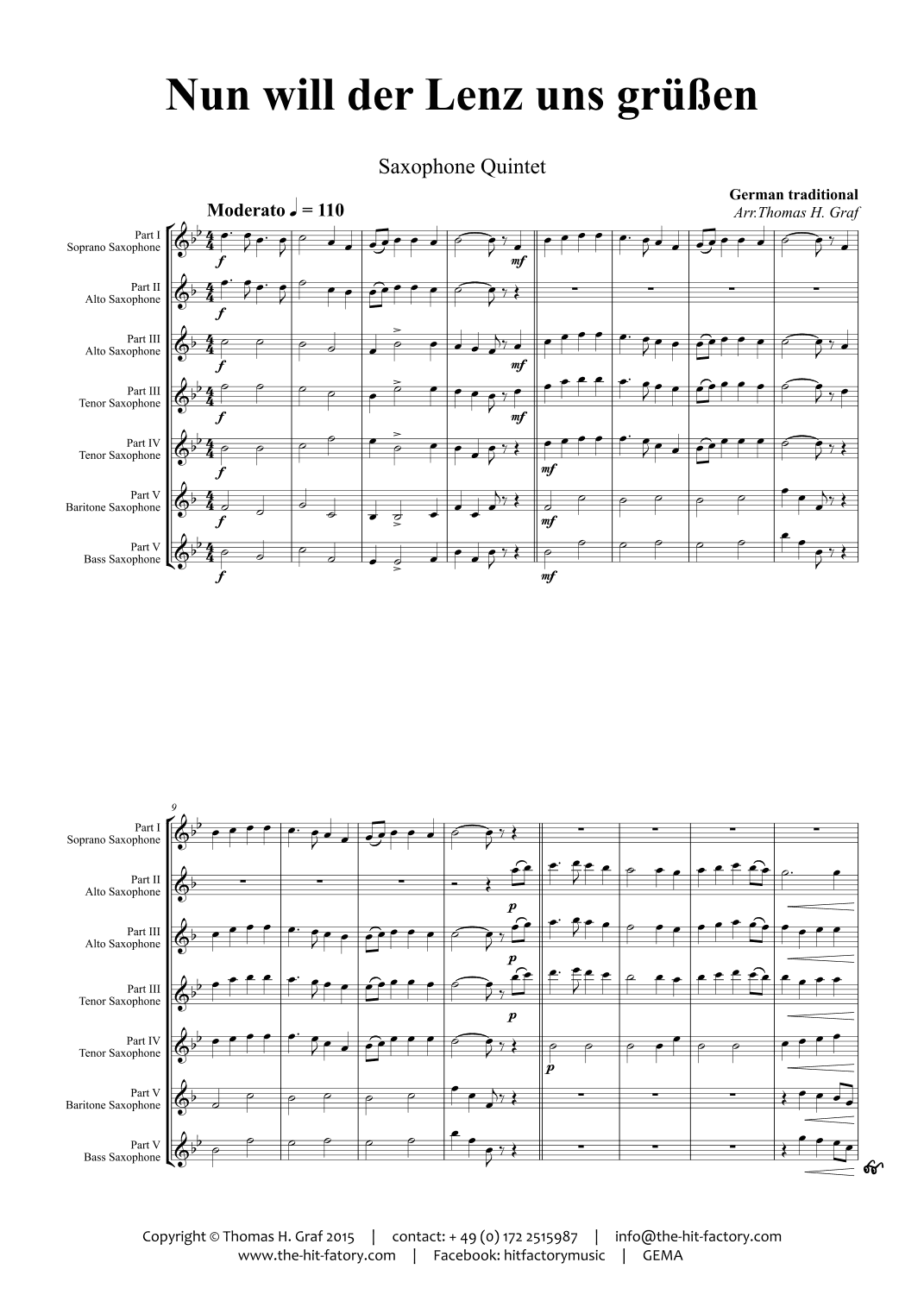 Nun will der Lenz uns gruessen - October Fest - Saxophone Quintet - Bb (arr. Thomas H. Graf)