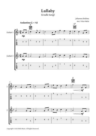 Brahms Lullaby - Guitar duet (with tabs) (arr. Vitor Melo)