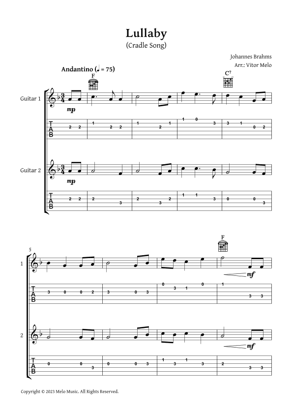 Brahms Lullaby - Guitar duet (with tabs) (arr. Vitor Melo)