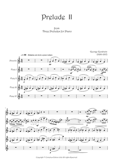 George Gershwin Prelude No 2 Flute Choir 4 Concert C Flutes 1 Piccolo Andante con moto e poco rubato (arr. Glenn Martin)