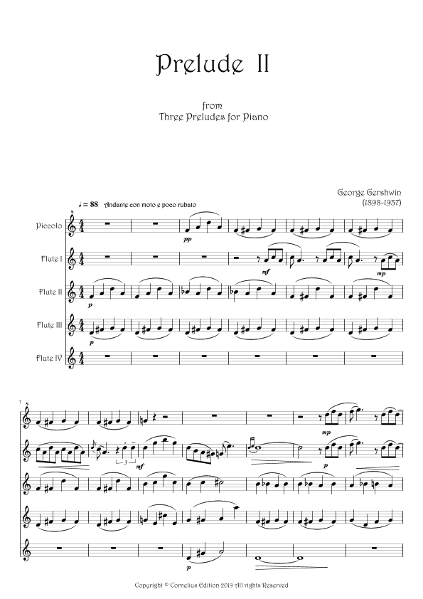 George Gershwin Prelude No 2 Flute Choir 4 Concert C Flutes 1 Piccolo Andante con moto e poco rubato (arr. Glenn Martin)