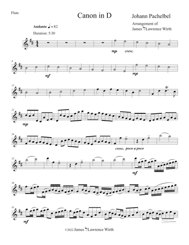 Pachelbel Canon in D for Flute or Violin or Mandolin and Guitar (arr. James Wirth)