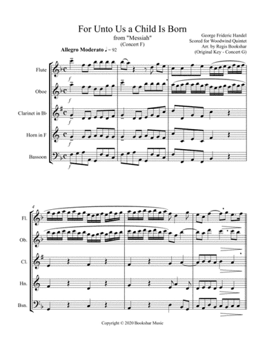 For Unto Us a Child is Born (from "Messiah") (F) (Woodwind Quintet - 1 Flute, 1 Oboe, 1 Clar, 1 Hrn, (arr. Regis Bookshar)