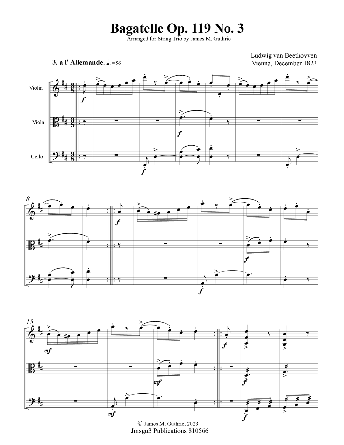 Beethoven: Bagatelle Op. 119 No. 3 for String Trio (arr. James M. Guthrie, ASCAP)