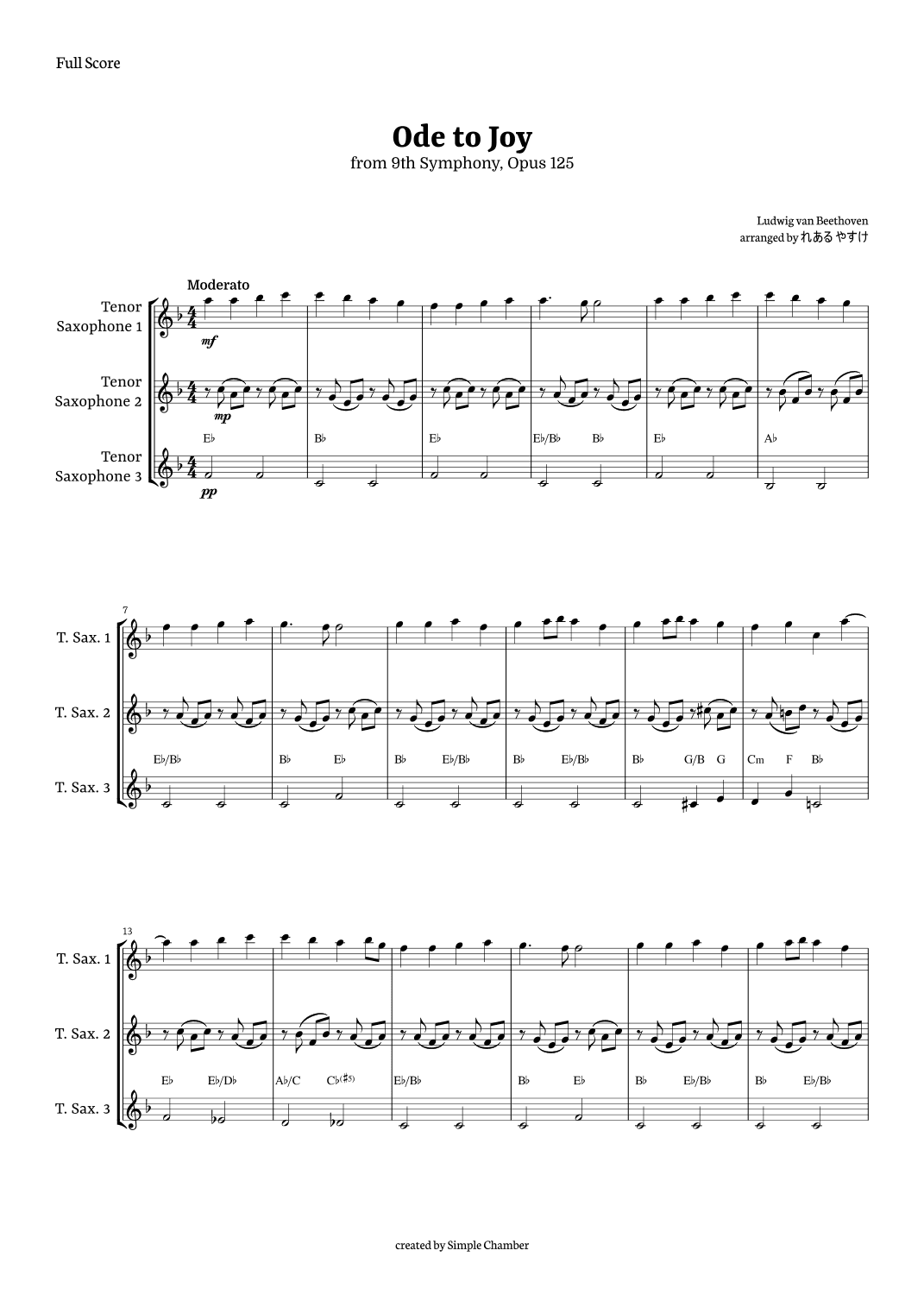 Ode to Joy for Tenor Saxophone Trio by Beethoven Opus 125 (arr. れある やすけ)