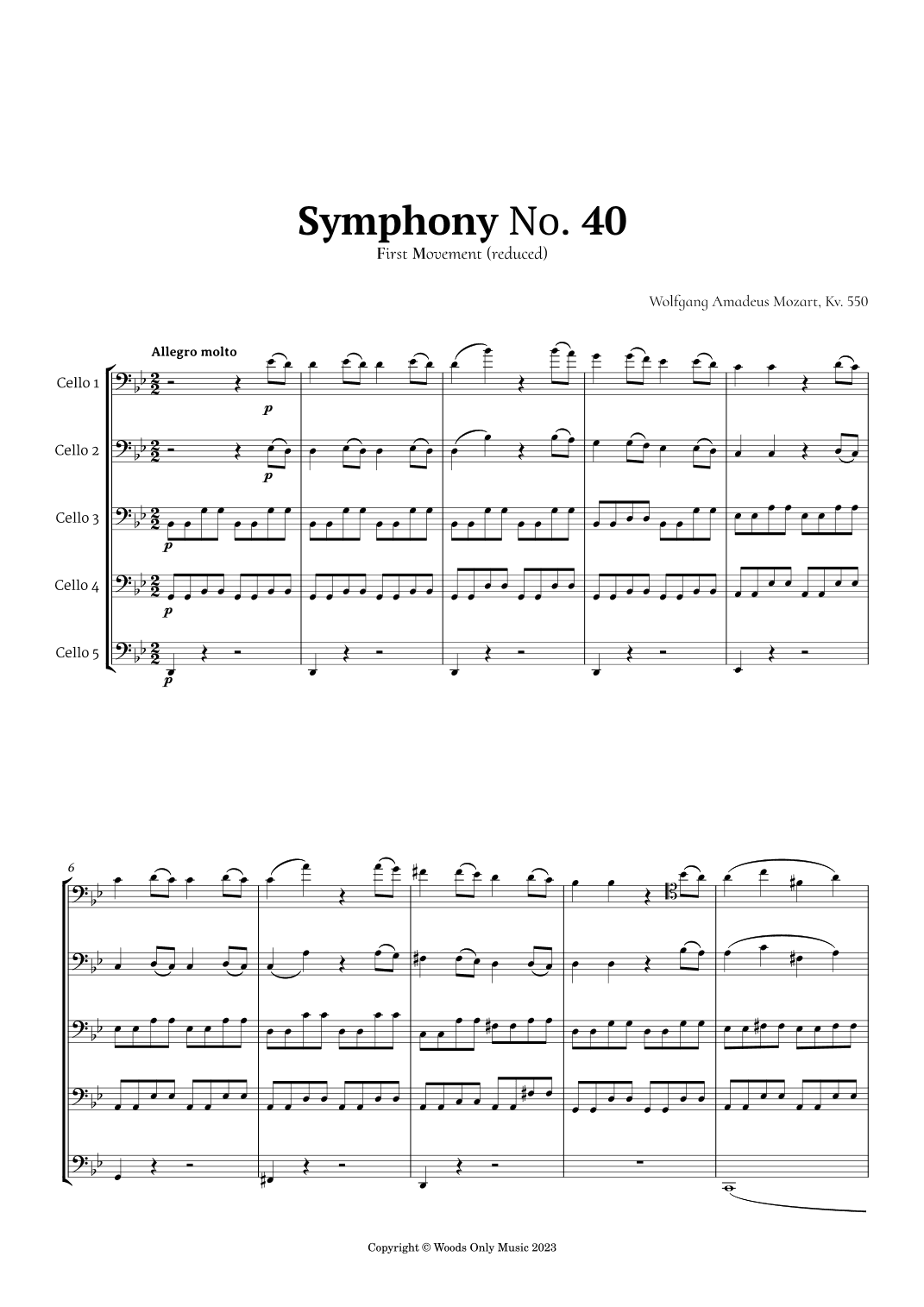 Symphony No. 40 by Mozart for Cello Quintet (arr. Ander)