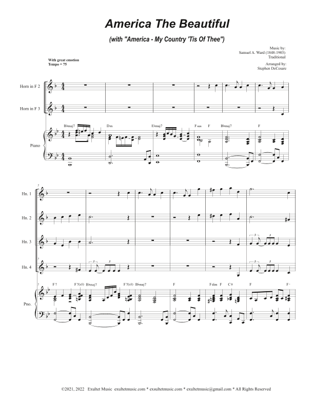 America The Beautiful (with "America - My Country 'Tis Of Thee") (French Horn Quartet and Piano) (arr. Stephen DeCesare)