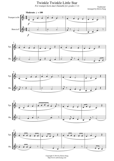 Twinkle Twinkle Little Star (for trumpet-horn duet, suitable for grades 1-3) (arr. Edwin Sung)