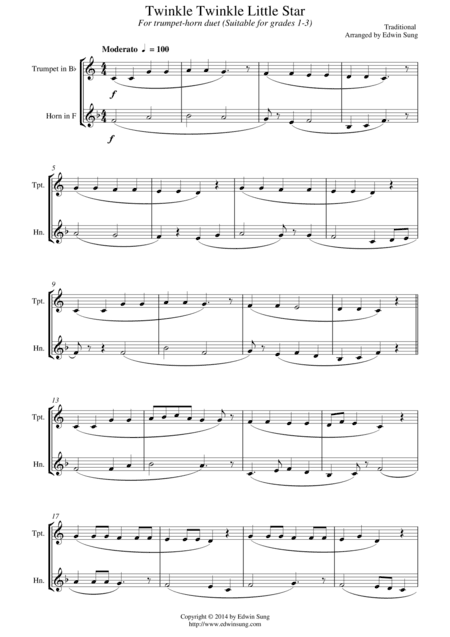 Twinkle Twinkle Little Star (for trumpet-horn duet, suitable for grades 1-3) (arr. Edwin Sung)