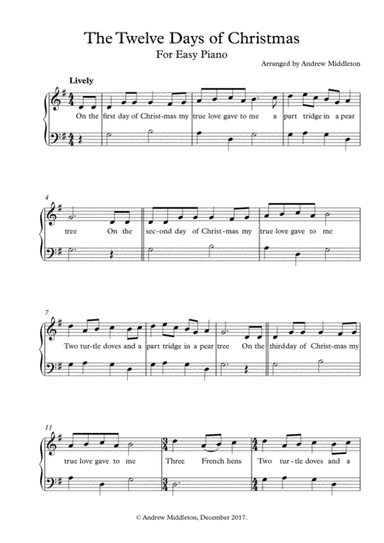 The Twelve Days of Christmas arranged for Easy Piano Solo (arr. Andrew Middleton)