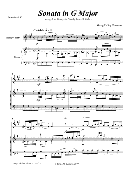Telemann: Sonata in G Major for Trumpet & Piano (arr. James M. Guthrie, ASCAP)