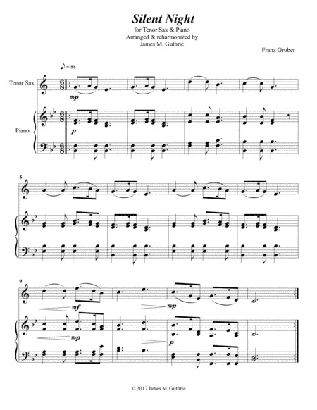 Silent Night for Tenor Sax & Piano (arr. James M. Guthrie, ASCAP)
