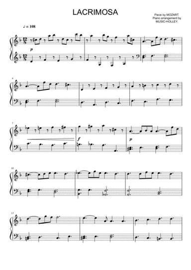 Mozart - Lacrimosa (easy piano sheet) (arr. Music-holley)