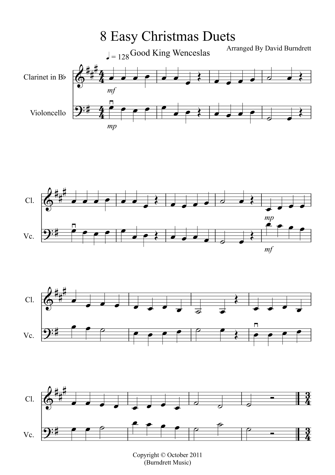 8 Easy Christmas Duets for Clarinet and Cello (arr. David Burndrett)