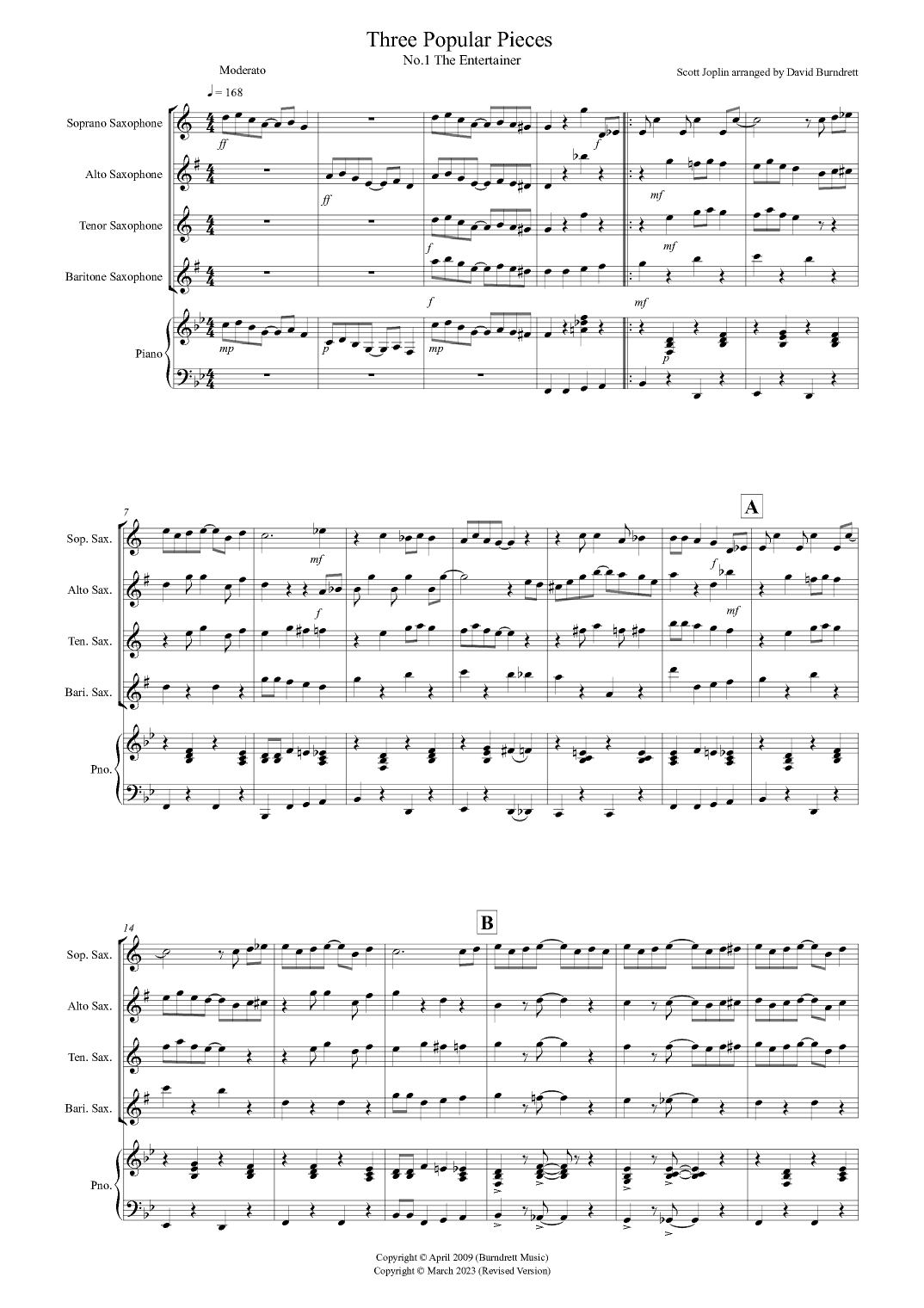 3 Popular Pieces for Saxophone Quartet (arr. David Burndrett)