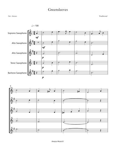 greensleeves sheet music for saxophone quintet (arr. Arezzo Music)