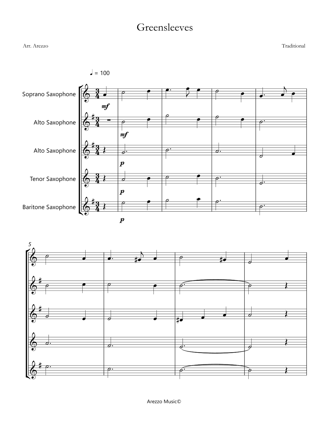greensleeves sheet music for saxophone quintet (arr. Arezzo Music)