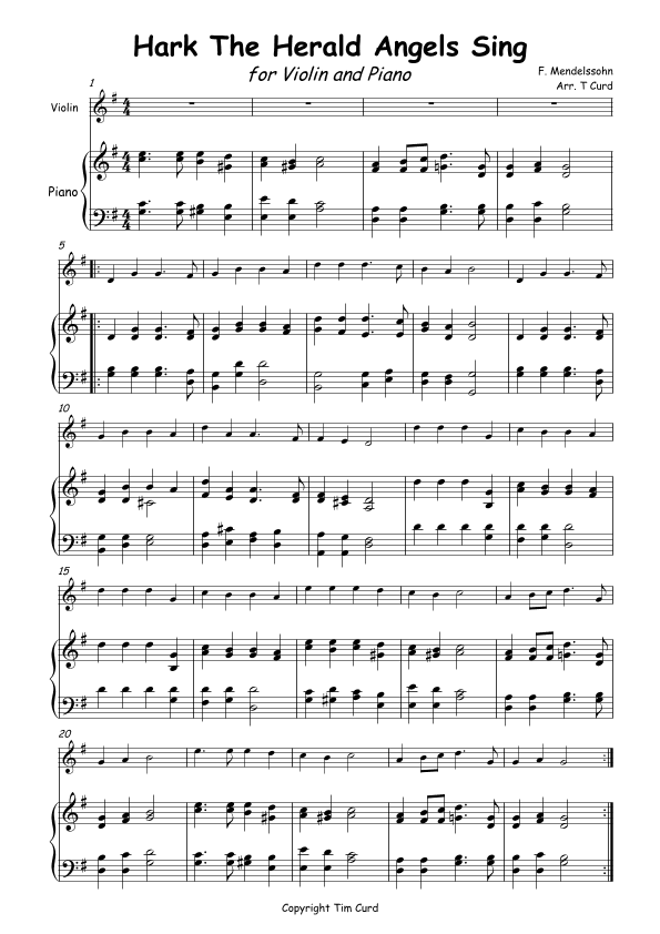 Hark The Herald Angels Sing for Solo Violin and Piano (arr. Tim Curd)