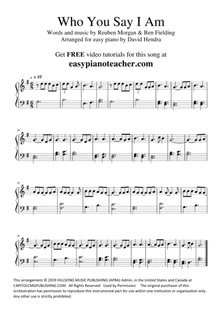 Who You Say I Am (arr. David Hendra, easypianoteacher.com)