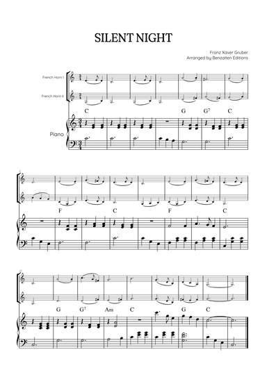 Silent Night for french horn duet w/ piano accompaniment • easy Christmas song sheet music (chords) (arr. Benzaiten Editions)
