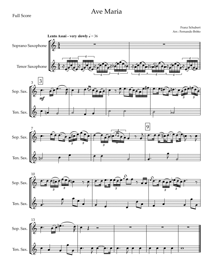 Ave Maria (Franz Schubert) for Soprano Saxophone &  Tenor Saxophone Duo (arr. Fernando Britto)