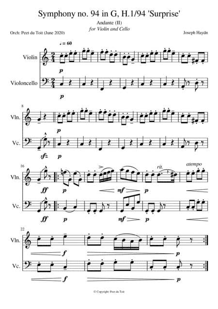 Symphony no. 94 in G, H.1/94 'Surprise', Andante (II) - FJ Haydn (Violin & Cello) excerpt (arr. Peet du Toit)