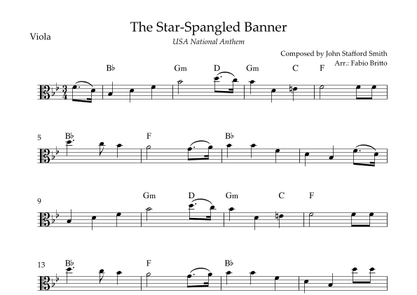 The Star Spangled Banner (USA National Anthem) for Viola Solo with Chords (Bb Major) (arr. Fabio Britto)