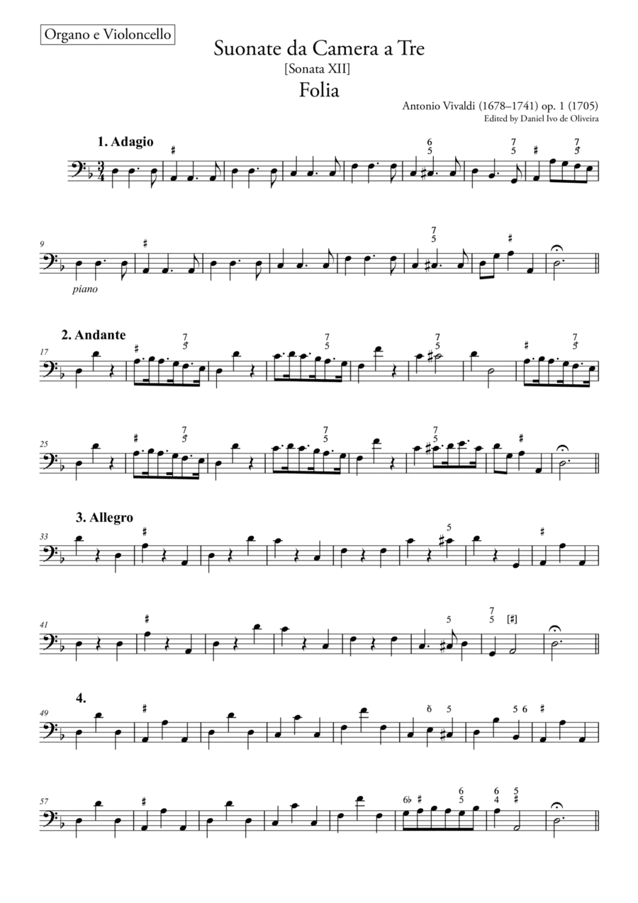 Folia Vivaldi – Violoncello / Basso Continuo  (Original - Urtext) op. 1, nr. 12 RV 63 (arr. Ahiva Editions)