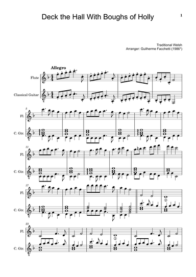 Deck the Hall With Boughs of Holly - Arranged for Flute and Classical Guitar (Score and Parts) (arr. Guilherme Facchetti)