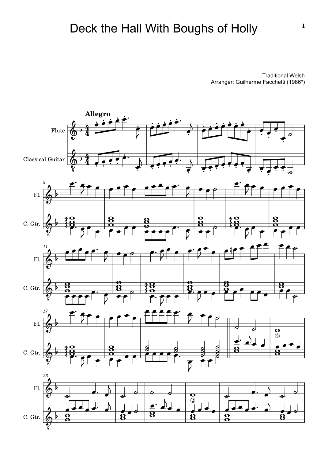 Deck the Hall With Boughs of Holly - Arranged for Flute and Classical Guitar (Score and Parts) (arr. Guilherme Facchetti)