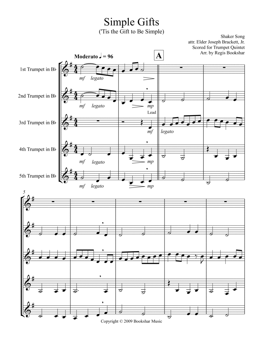 Simple Gifts ('Tis the Gift to Be Simple) (F) (Trumpet Quintet) (arr. Regis Bookshar)