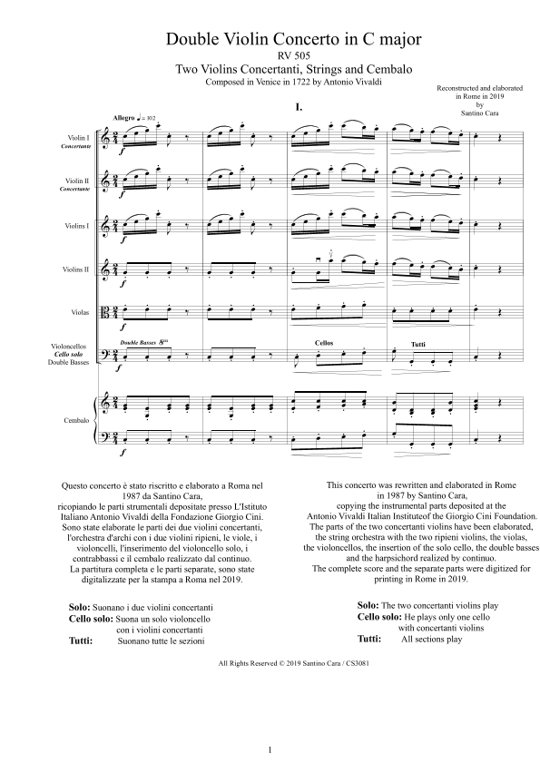Vivaldi - Double Violin Concerto in C major RV 505 for Two Violins, Strings and Cembalo (arr. Santino Cara)