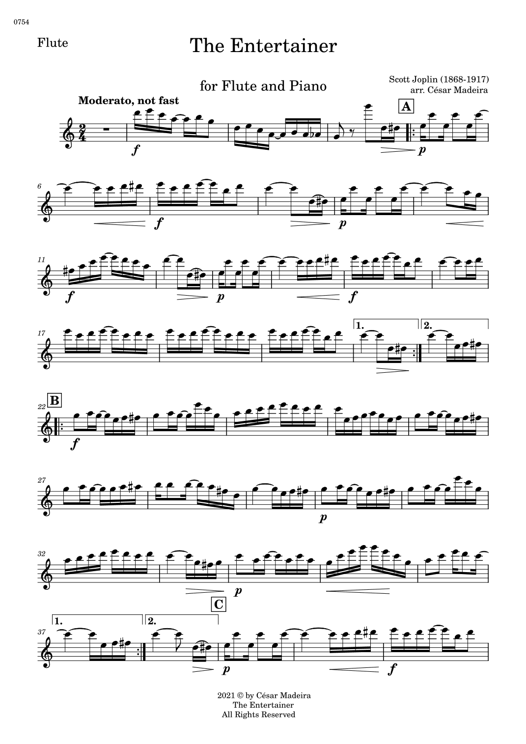 The Entertainer by Joplin - Flute and Piano (Individual Parts) (arr. César Madeira)